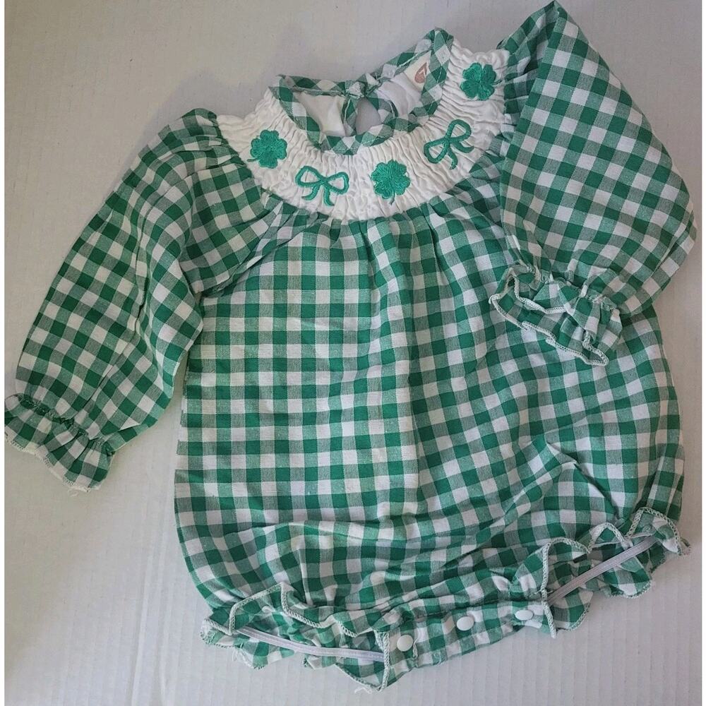Baby Girl 6-12 Mos. Long Sleeve Gingham Romper Cottage Core Puff Sleeve...